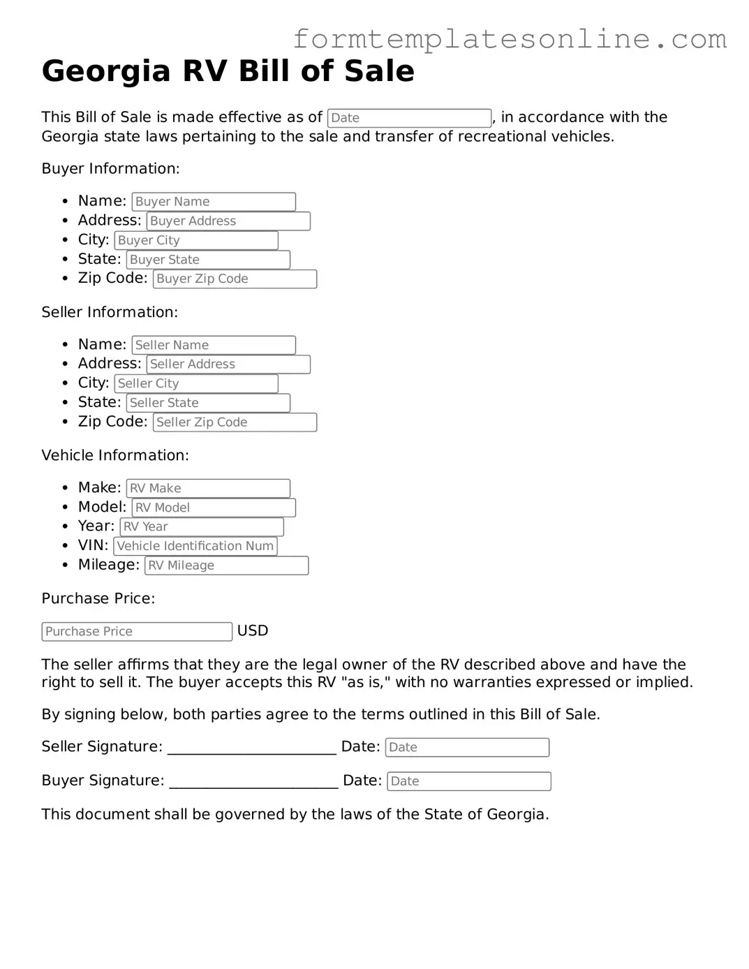 Valid RV Bill of Sale Form for Georgia