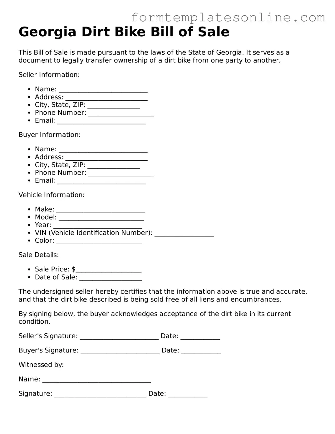 Valid  Dirt Bike Bill of Sale Form for Georgia