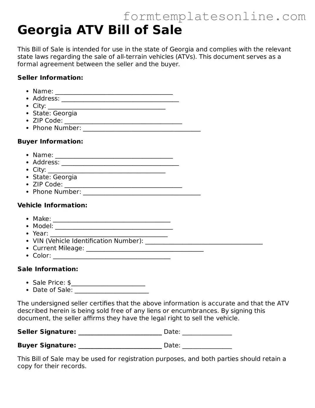 Valid  ATV Bill of Sale Form for Georgia