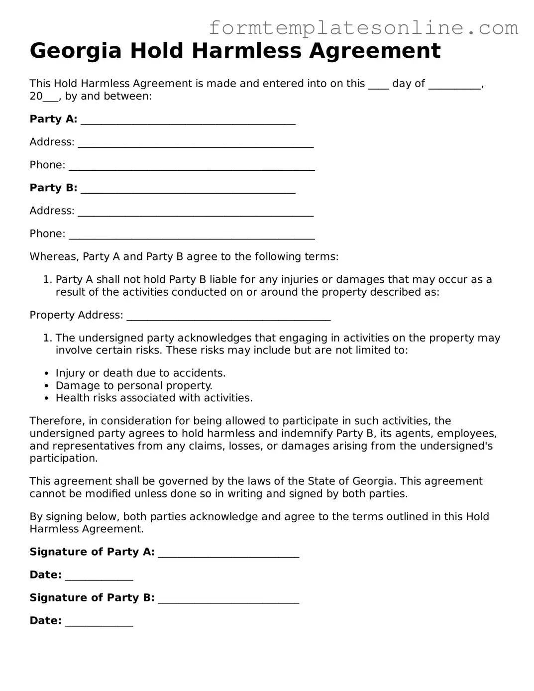 Valid  Hold Harmless Agreement Form for Georgia