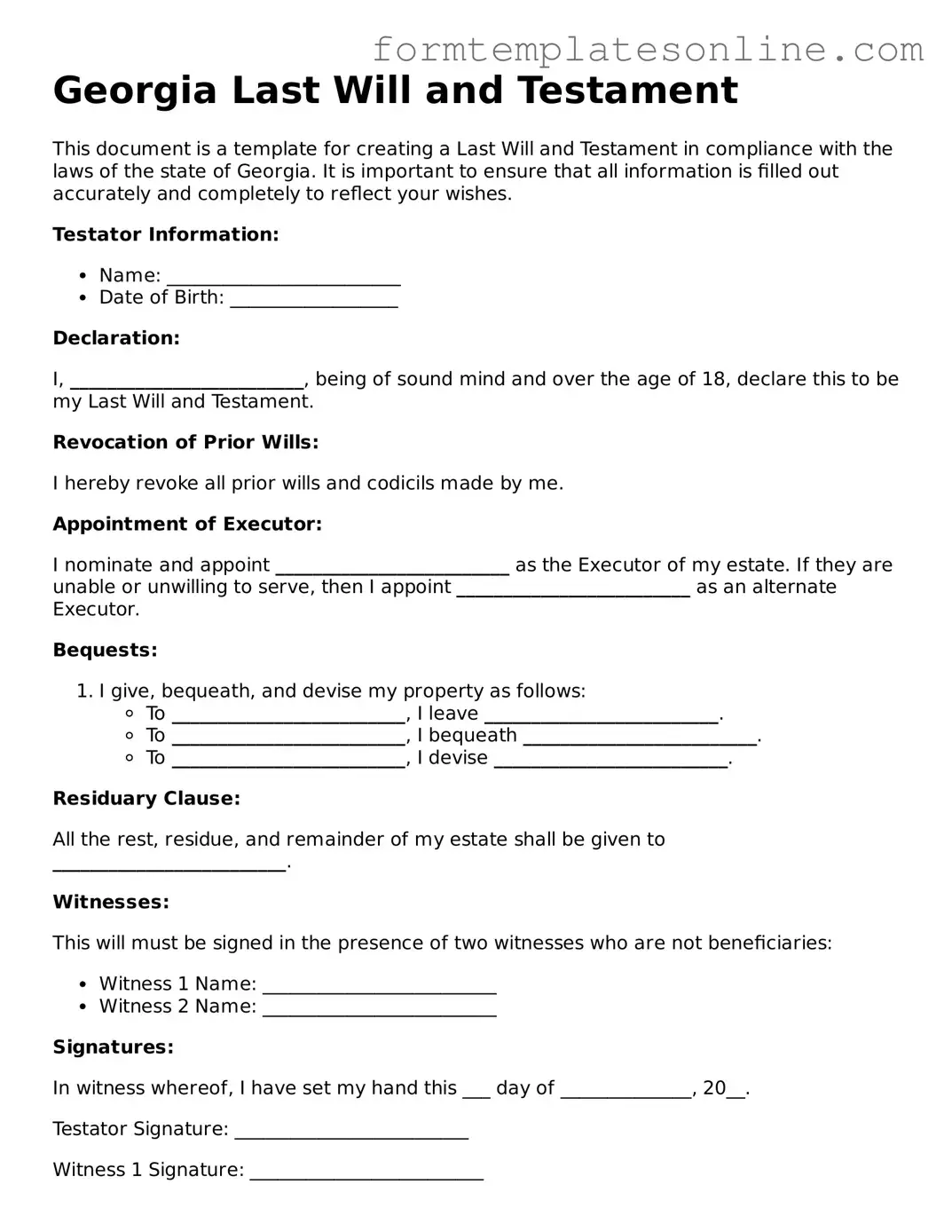 Valid  Last Will and Testament Form for Georgia