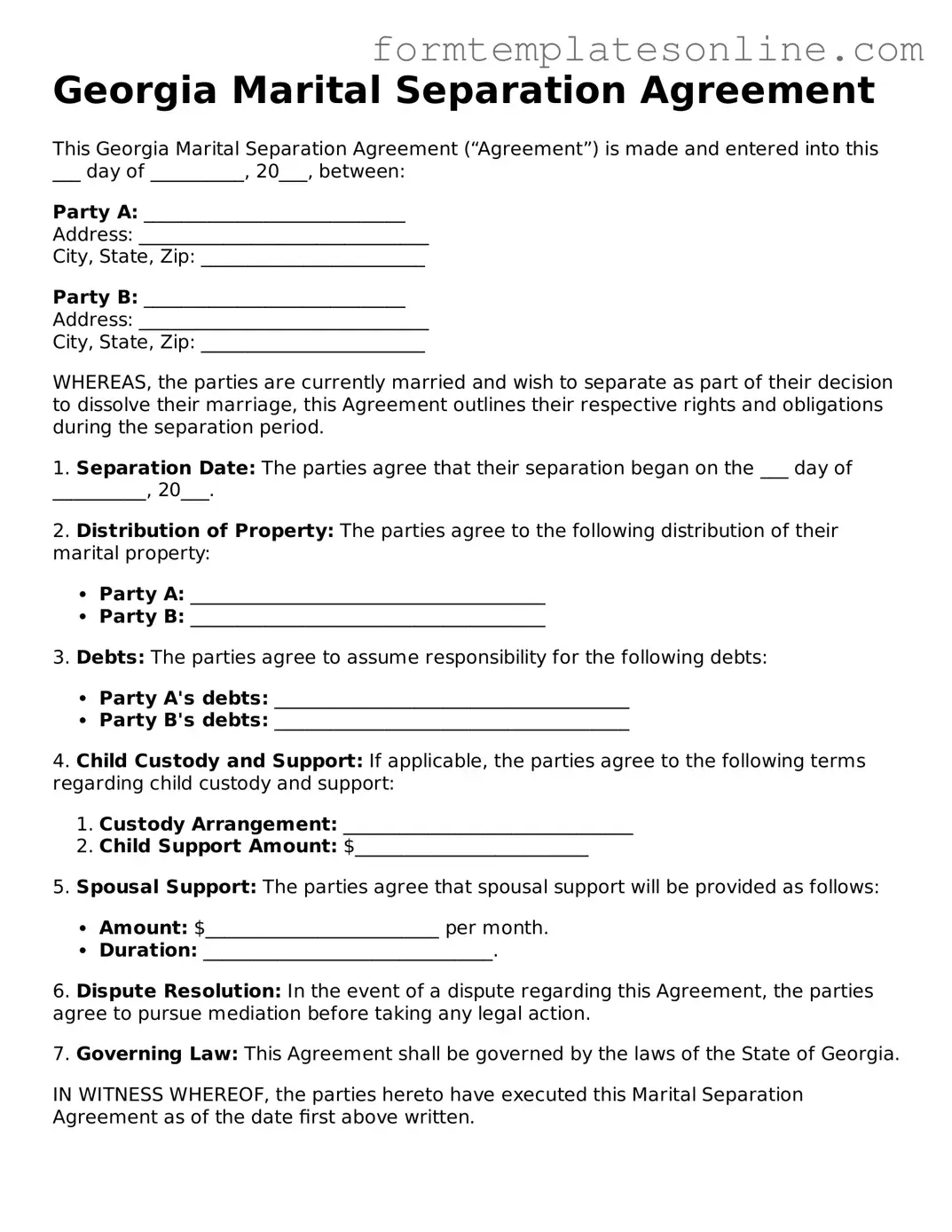 Valid  Marital Separation Agreement Form for Georgia