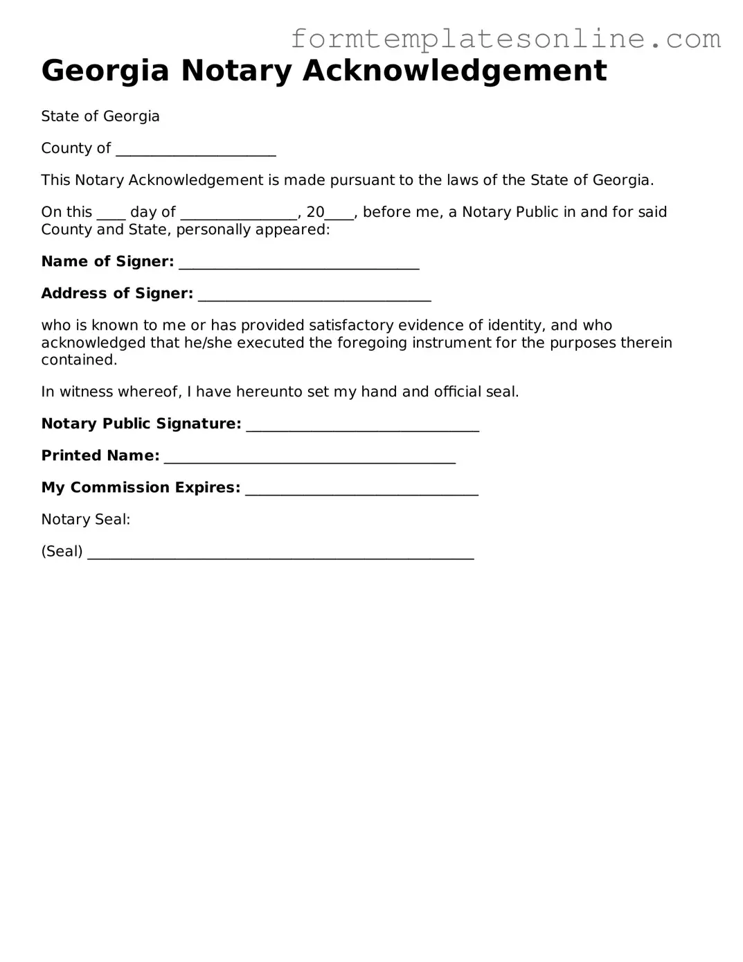 Valid  Notary Acknowledgement Form for Georgia