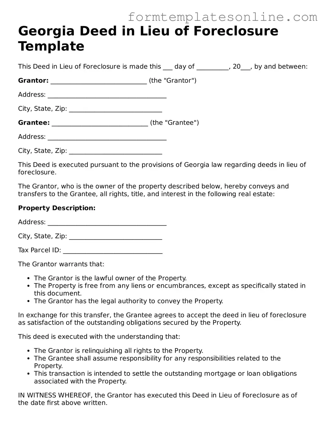 Valid  Deed in Lieu of Foreclosure Form for Georgia