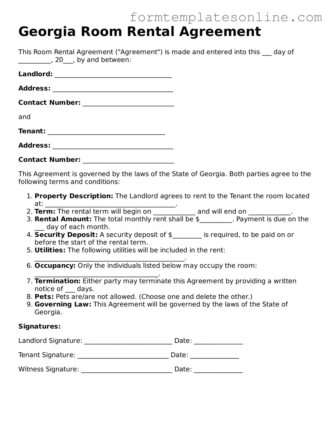 Valid  Room Rental Agreement Form for Georgia