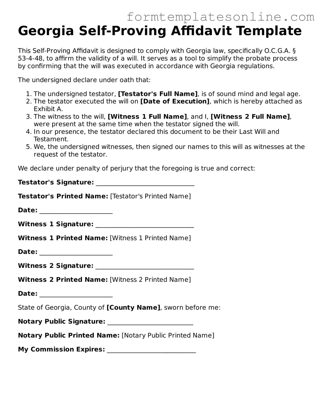Valid  Self-Proving Affidavit Form for Georgia