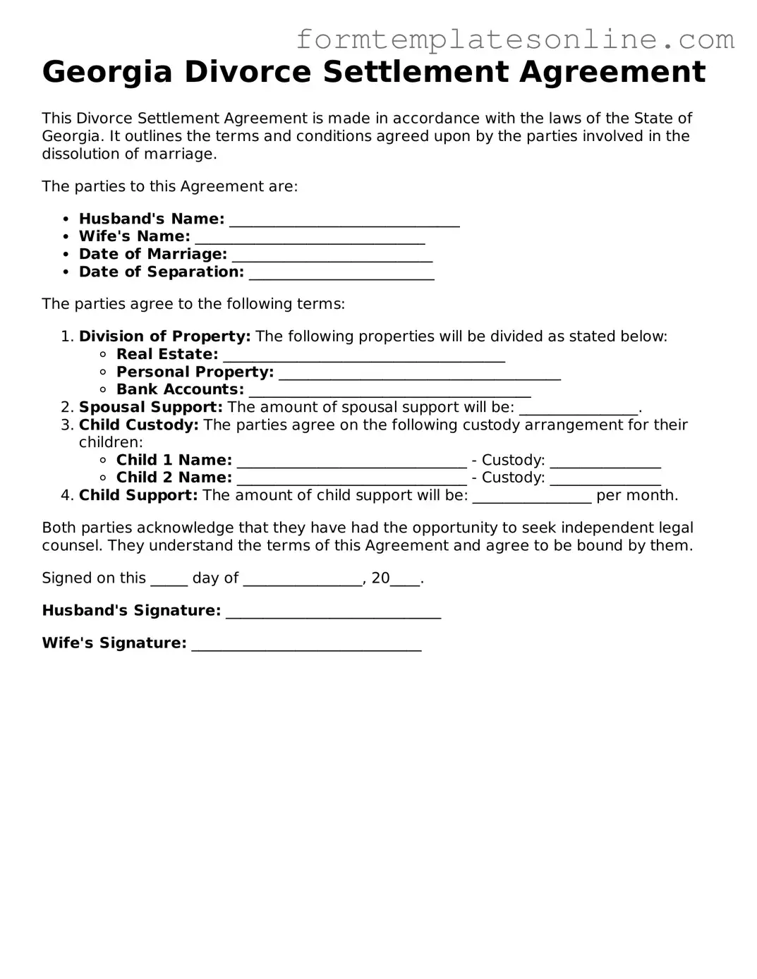 Valid  Divorce Settlement Agreement Form for Georgia