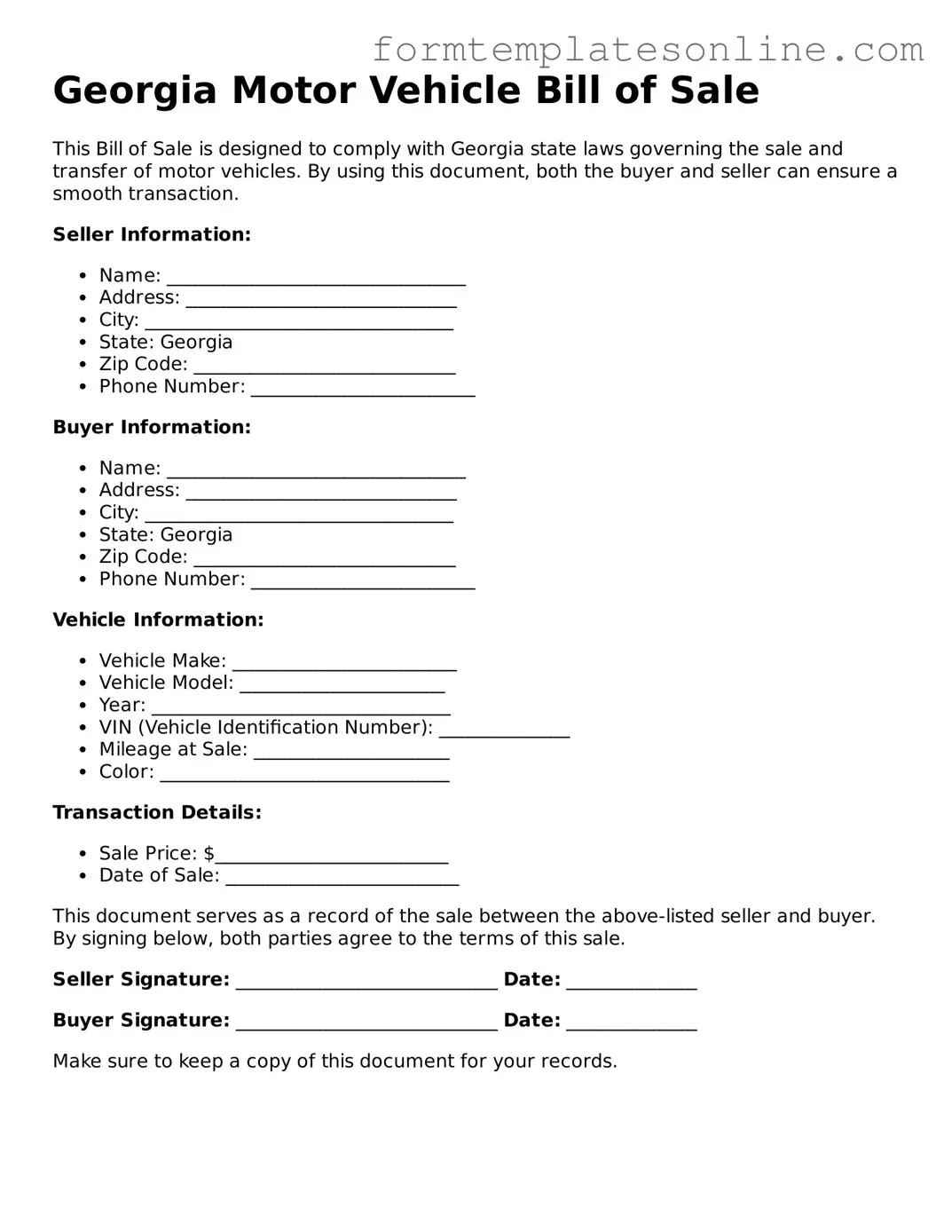 Valid  Motor Vehicle Bill of Sale Form for Georgia