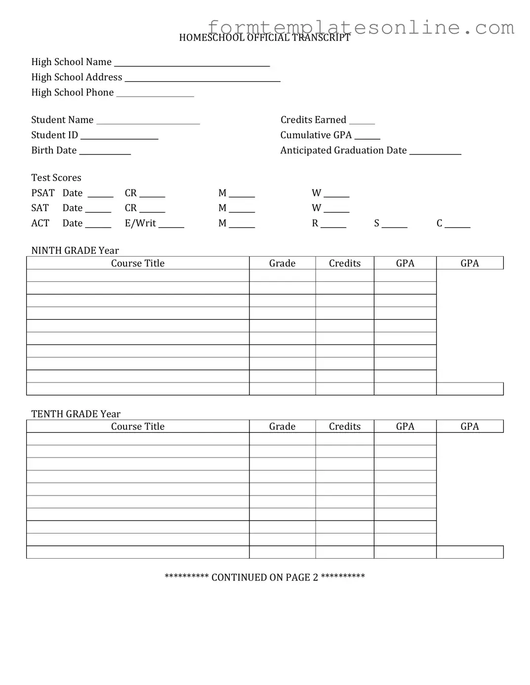 High School Transcript PDF Form