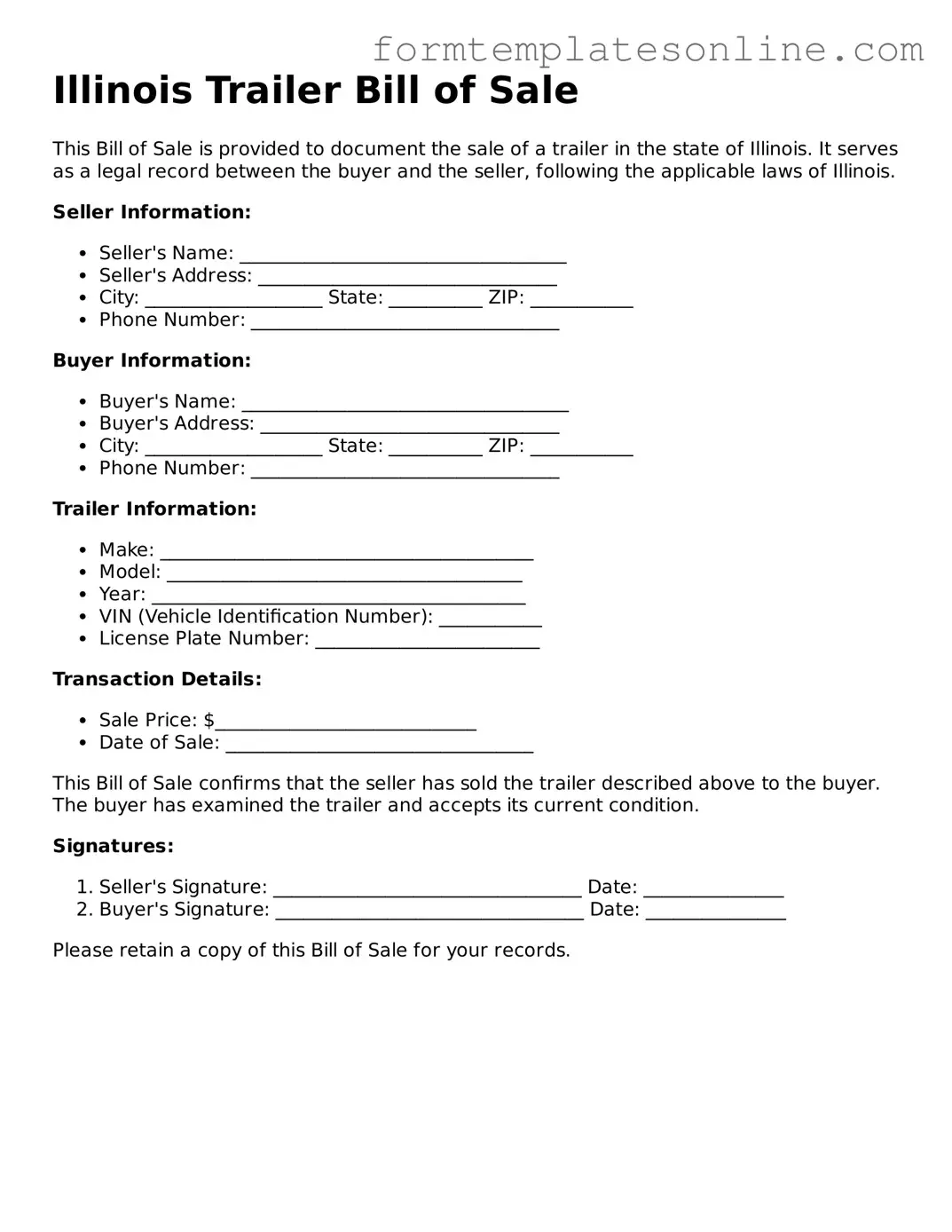 Valid  Trailer Bill of Sale Form for Illinois