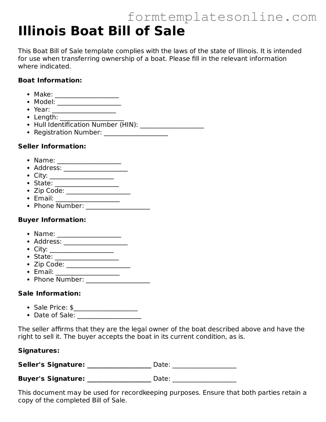 Valid  Boat Bill of Sale Form for Illinois