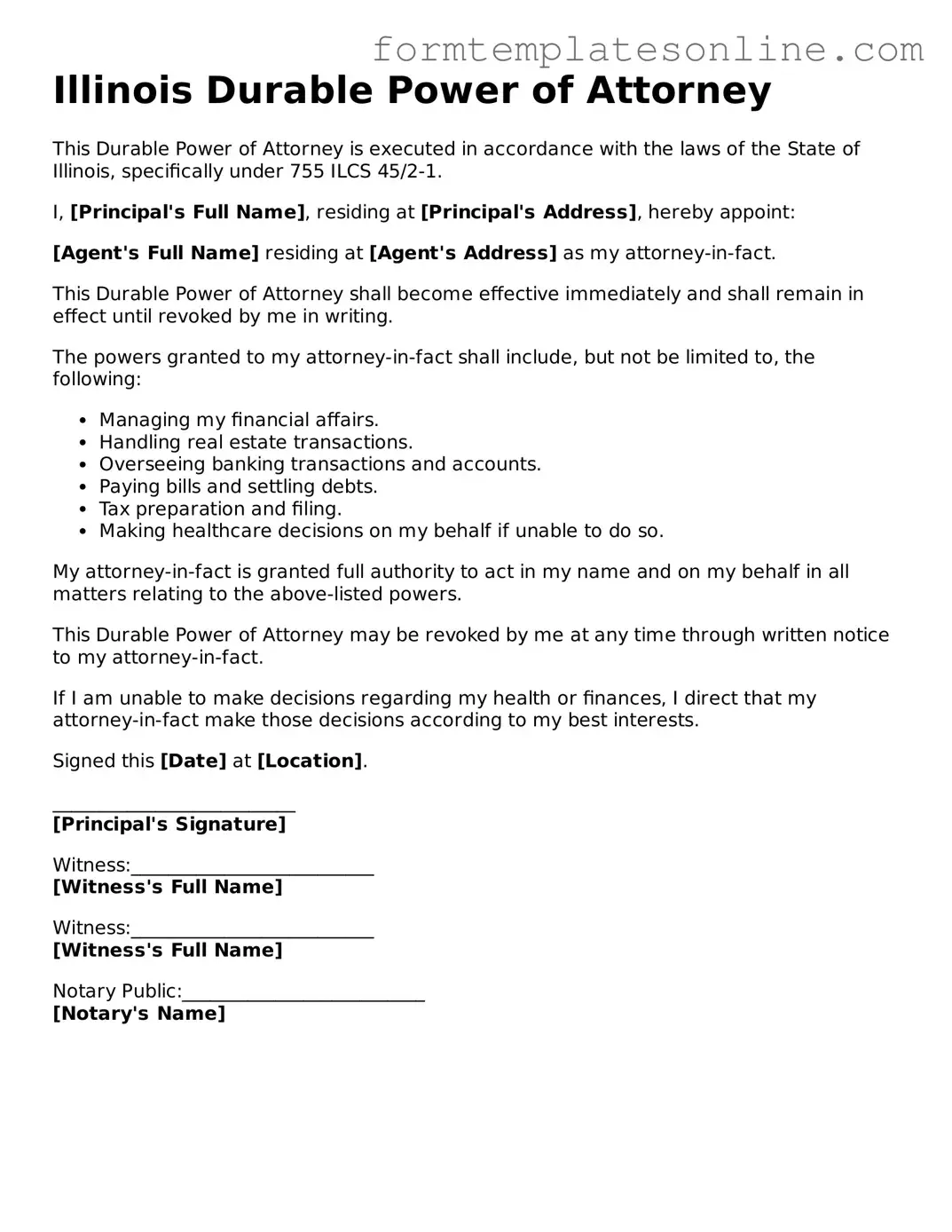 Valid  Durable Power of Attorney Form for Illinois