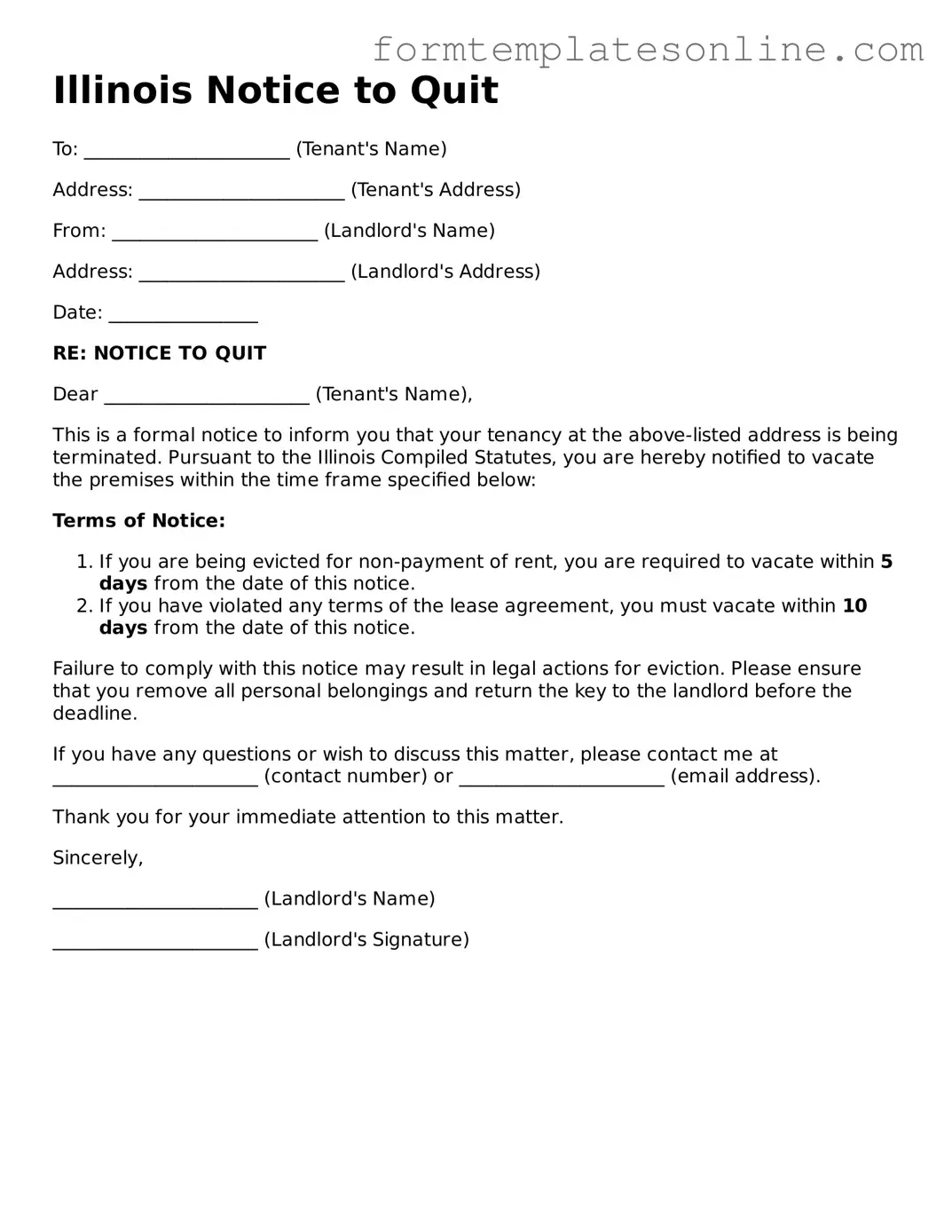 Valid  Notice to Quit Form for Illinois