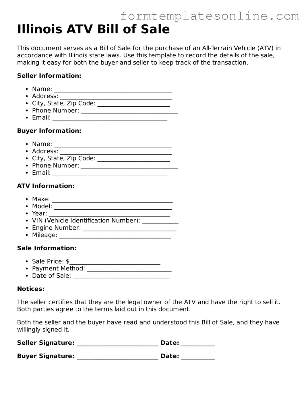 Valid  ATV Bill of Sale Form for Illinois
