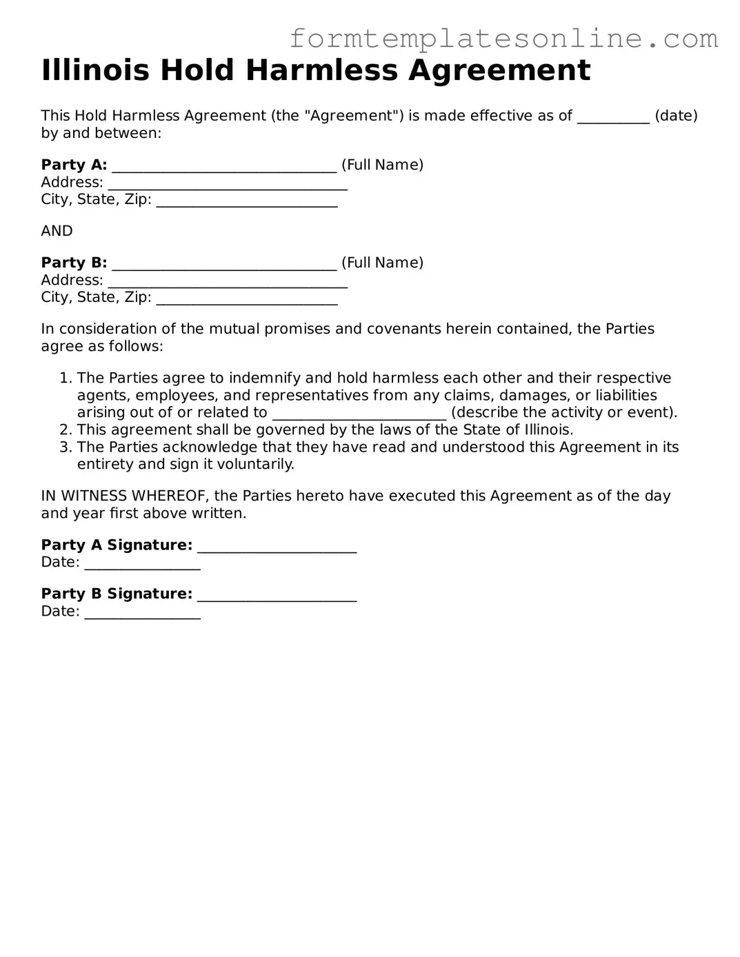 Valid  Hold Harmless Agreement Form for Illinois