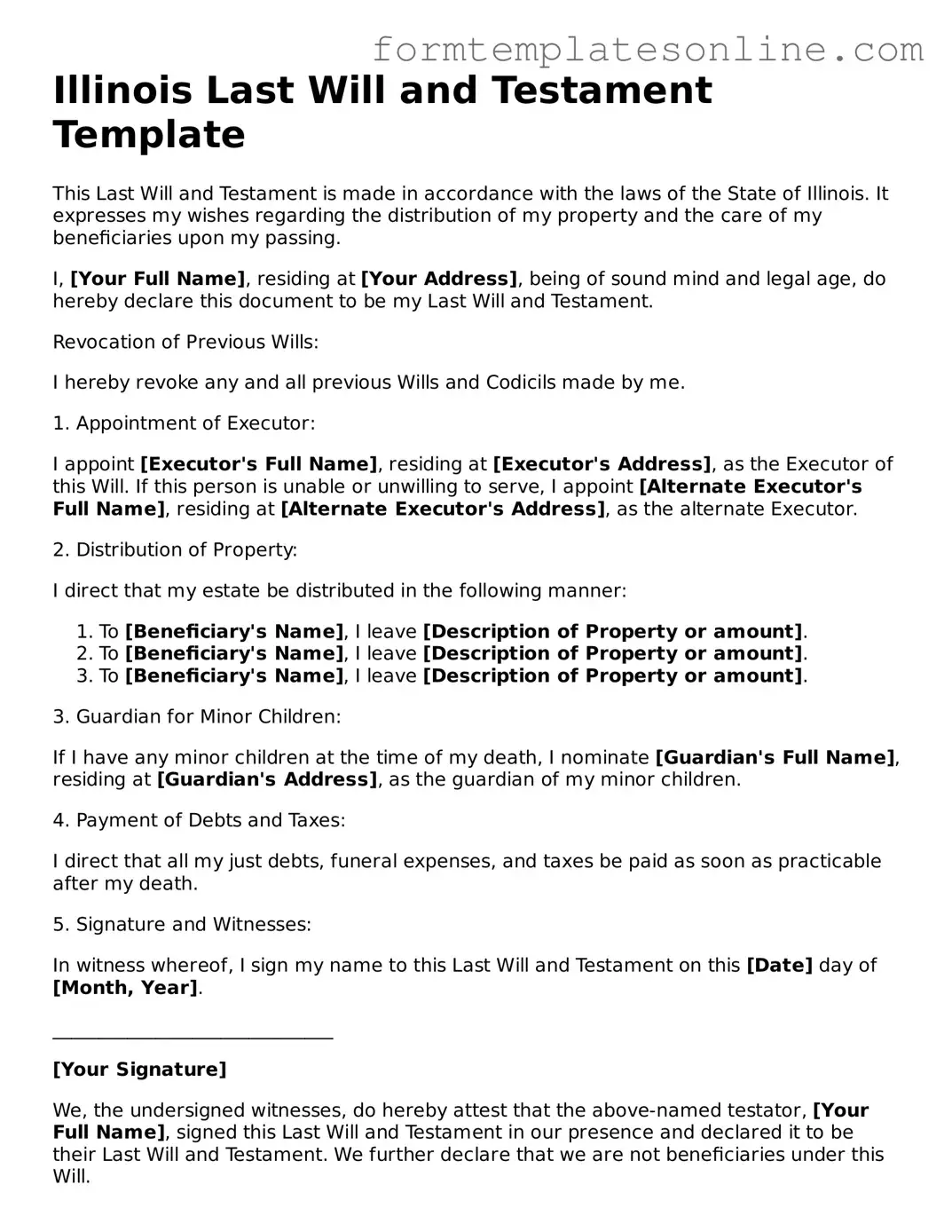 Valid  Last Will and Testament Form for Illinois