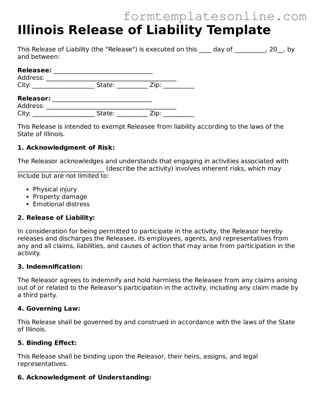 Valid  Release of Liability Form for Illinois