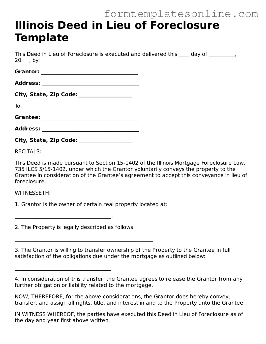 Valid  Deed in Lieu of Foreclosure Form for Illinois