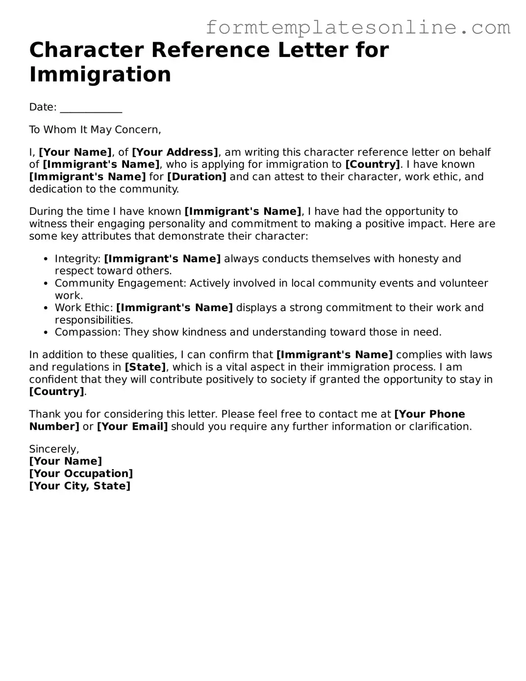 Attorney-Approved Character Reference Letter for Immigration Template