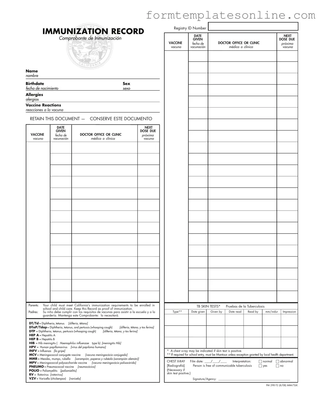 Immunization Record PDF Form