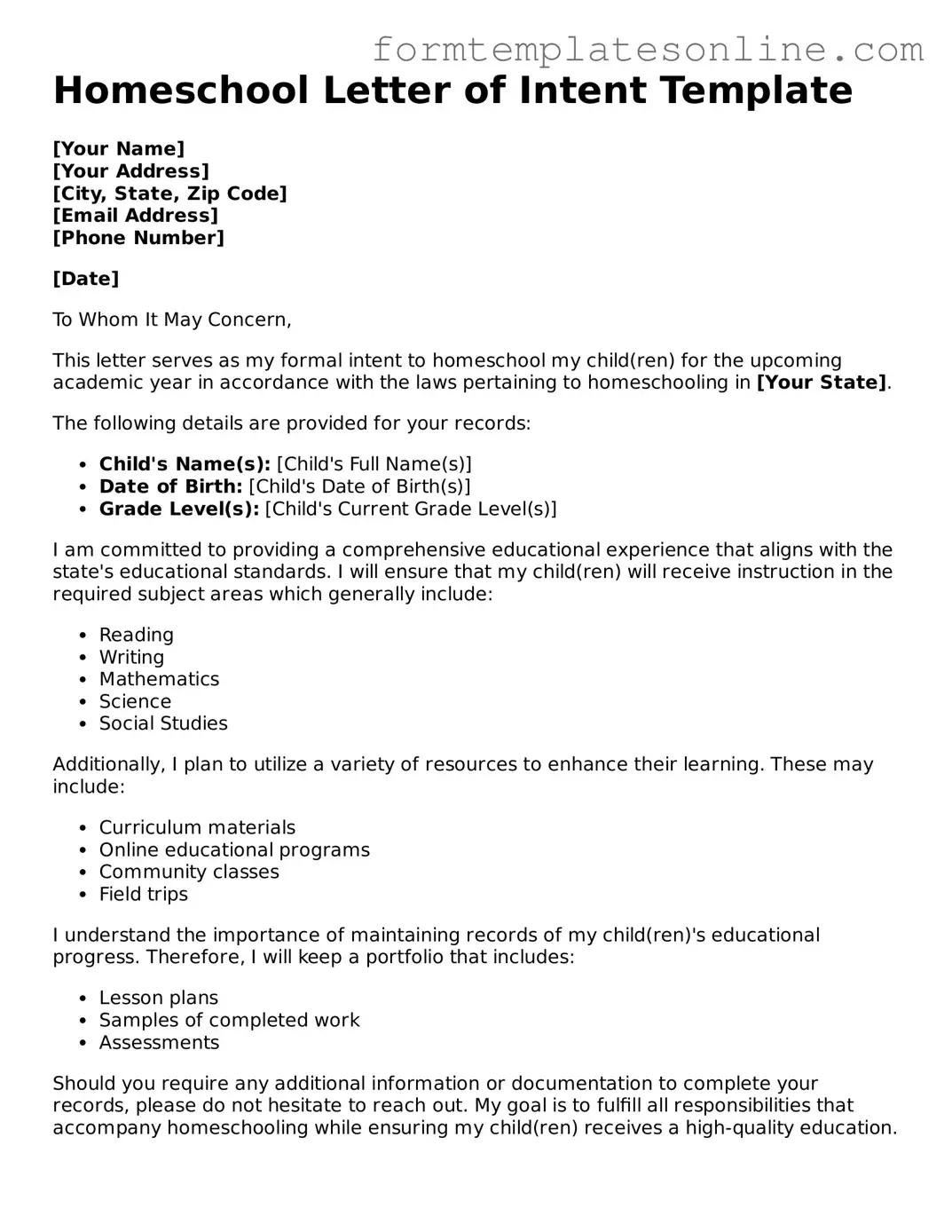 Attorney-Approved Homeschool Letter of Intent Template
