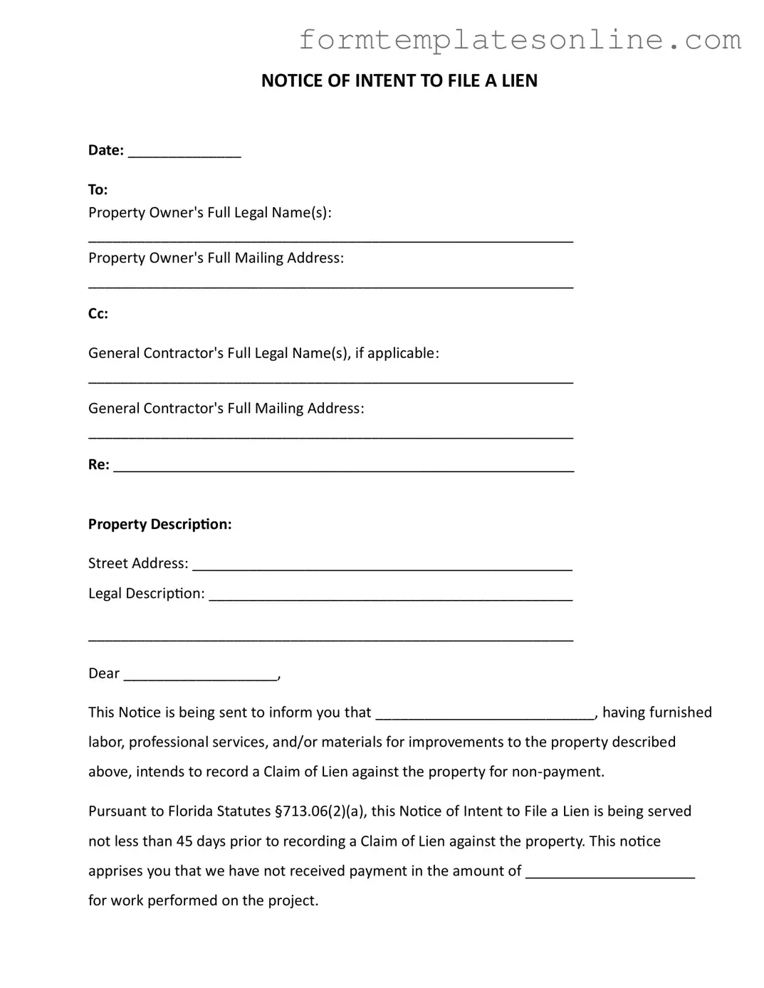 Intent To Lien Florida PDF Form