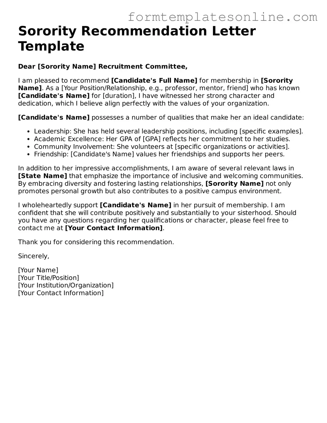 Attorney-Approved Sorority Recommendation Letter Template