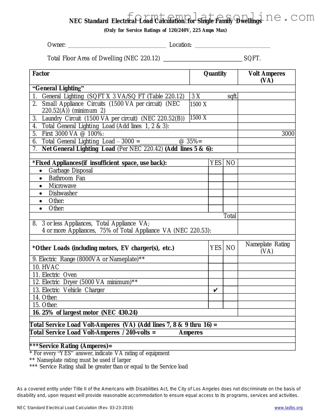 LADBS NEC Standard Electrical Load Calculation PDF Form