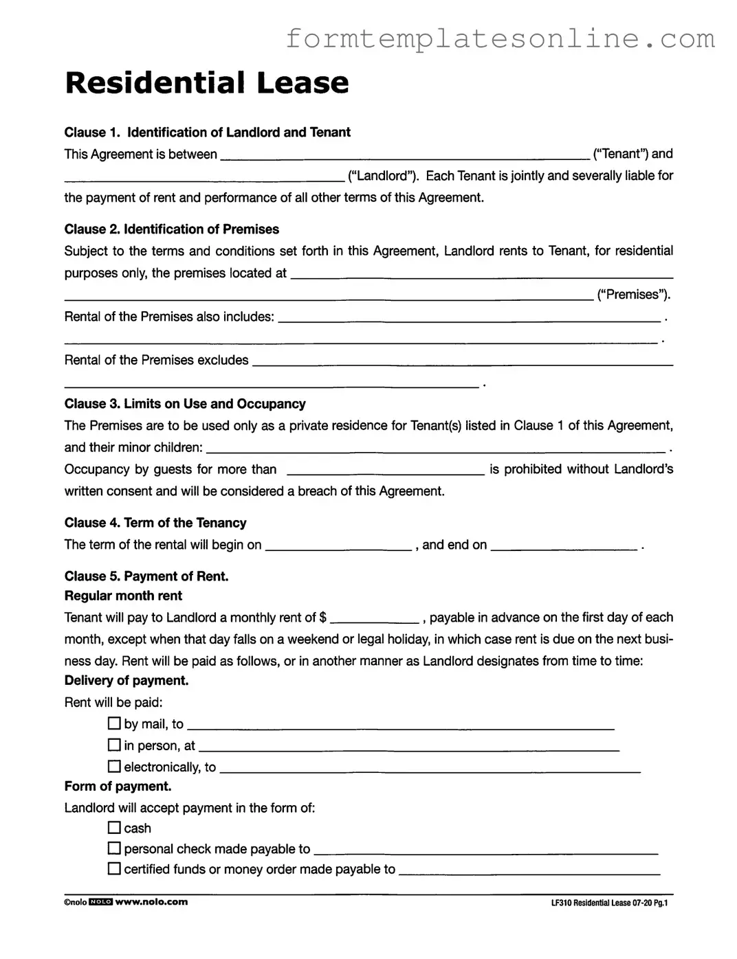 Lf310 Residential Lease PDF Form