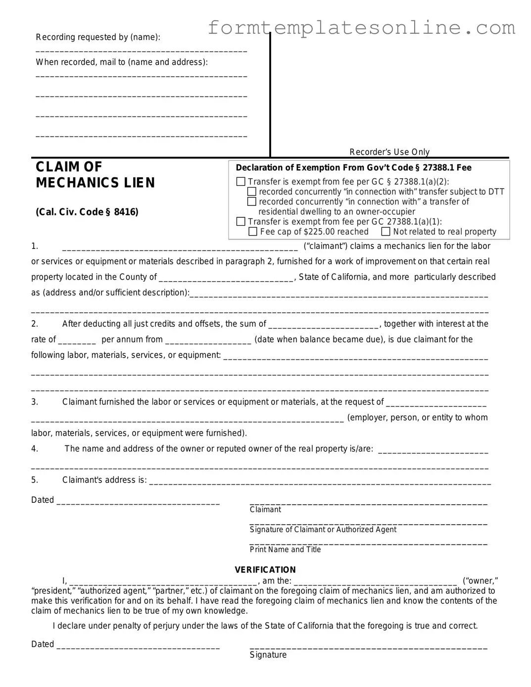 Mechanics Lien California PDF Form