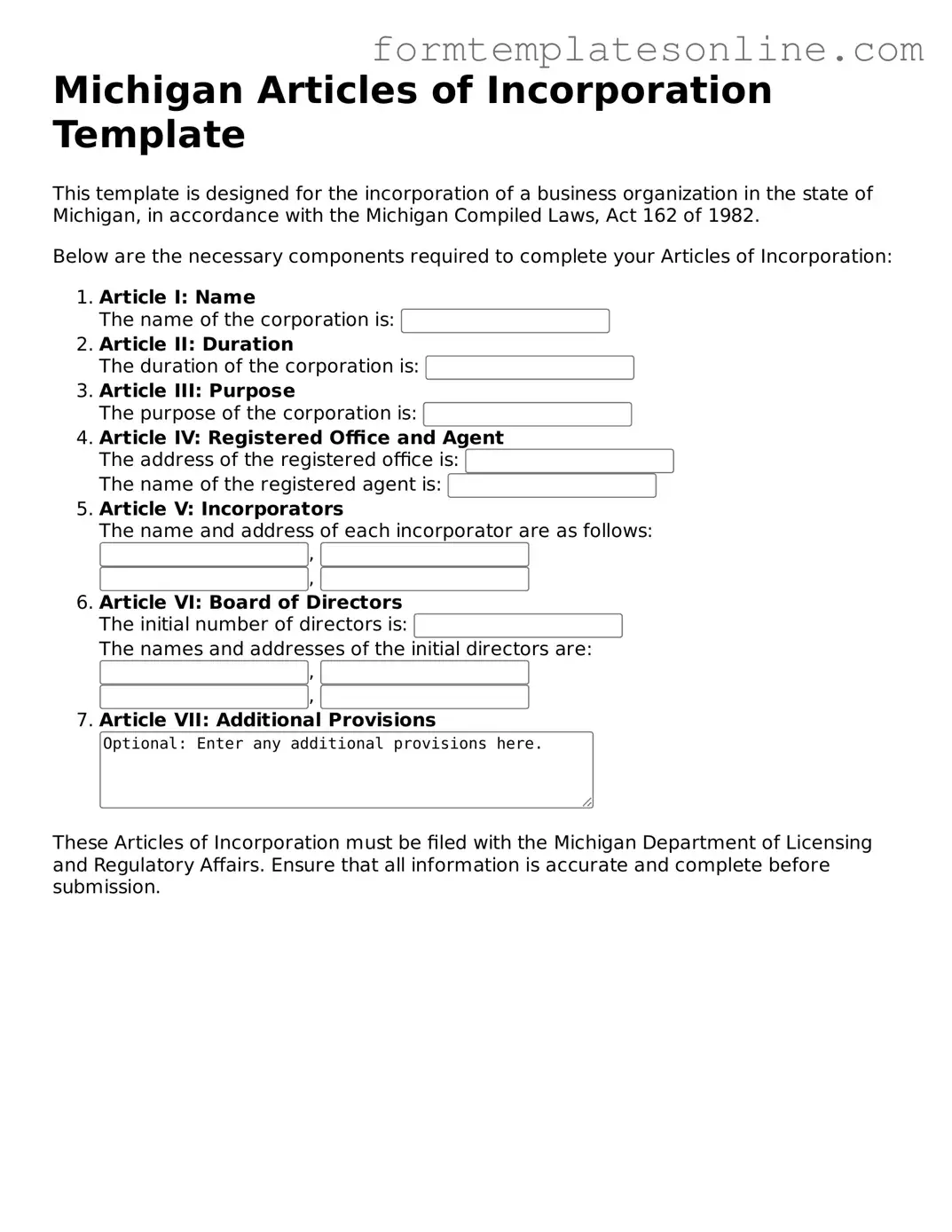 Valid  Articles of Incorporation Form for Michigan