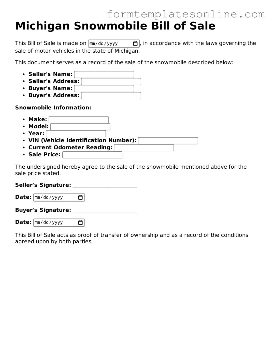 Valid  Snowmobile Bill of Sale Form for Michigan