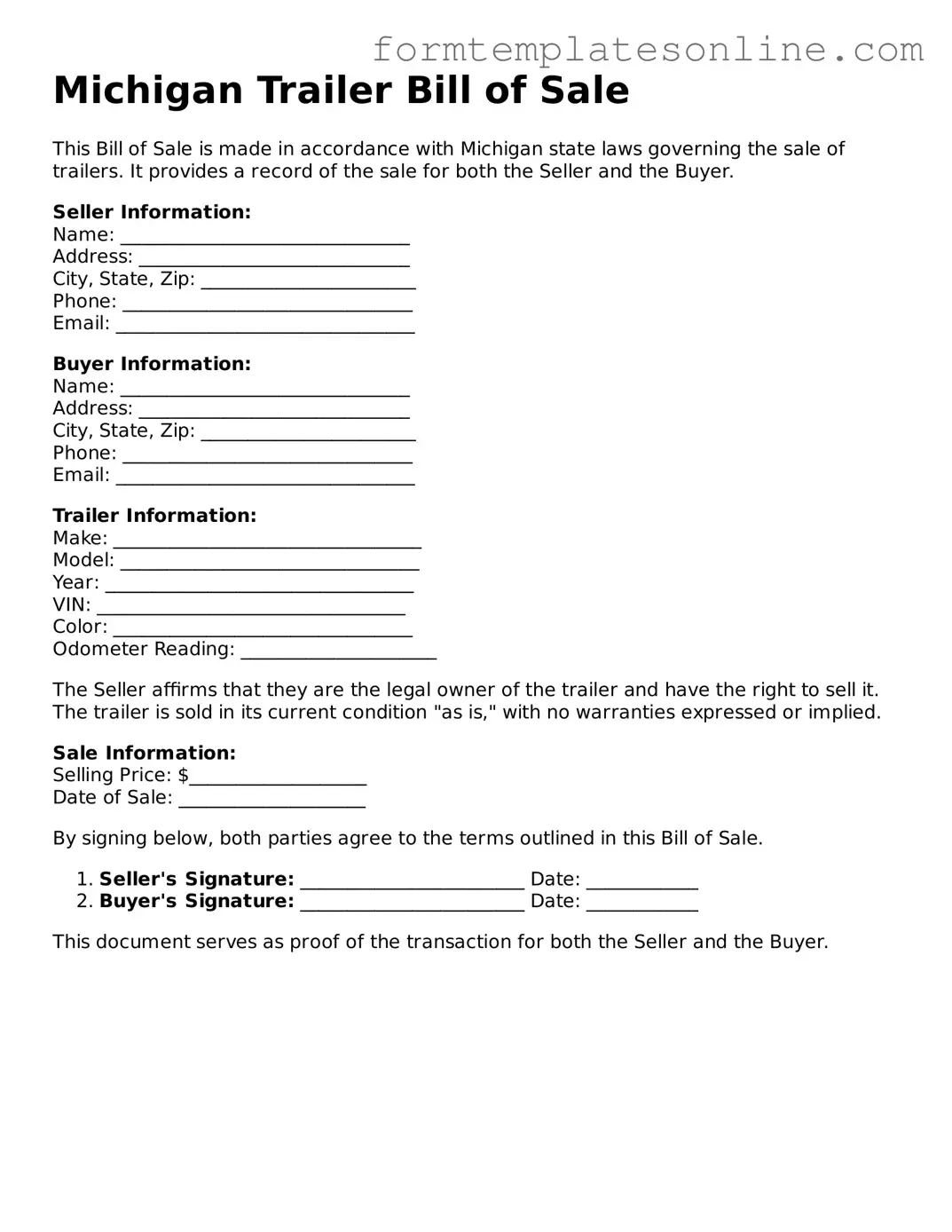 Valid  Trailer Bill of Sale Form for Michigan