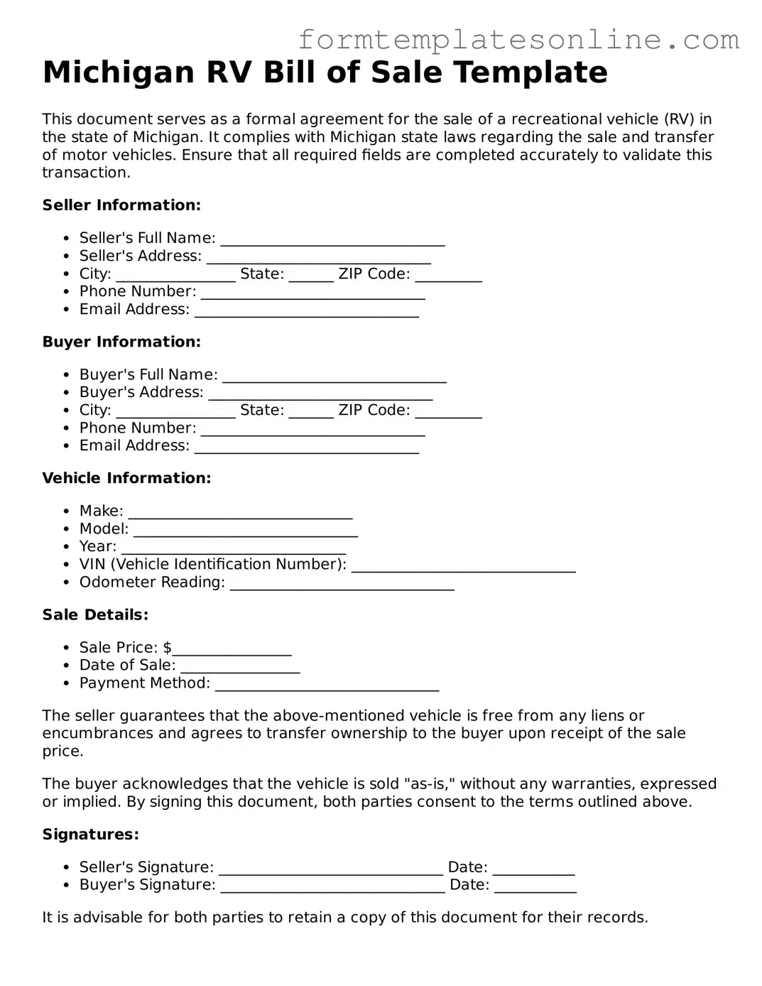 Valid  RV Bill of Sale Form for Michigan