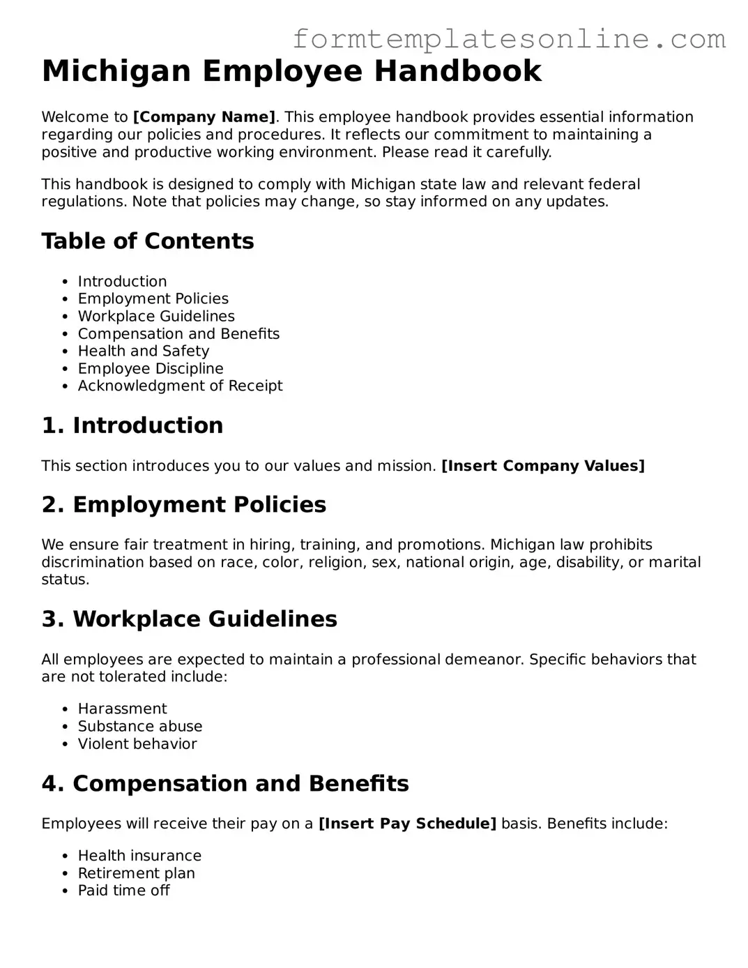 Valid  Employee Handbook Form for Michigan