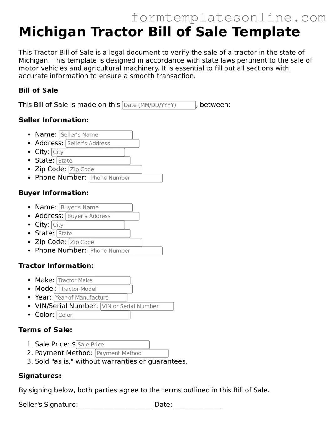 Valid  Tractor Bill of Sale Form for Michigan