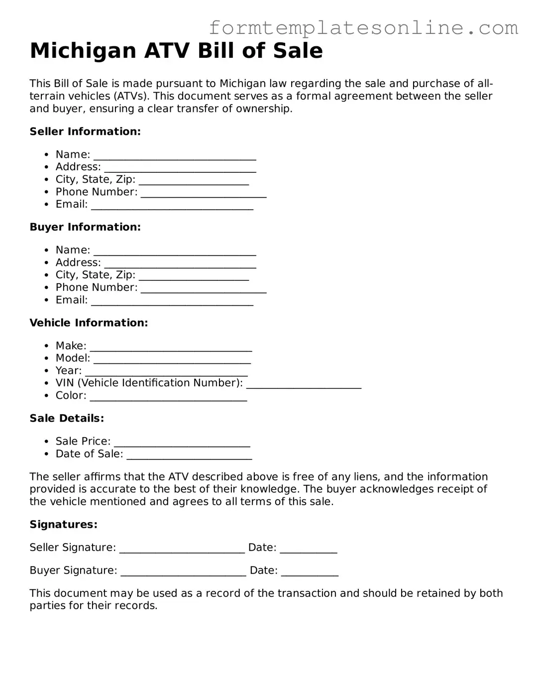 Valid  ATV Bill of Sale Form for Michigan