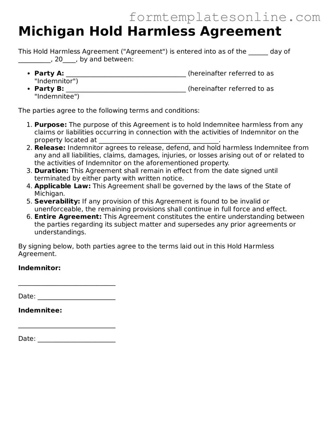 Valid  Hold Harmless Agreement Form for Michigan
