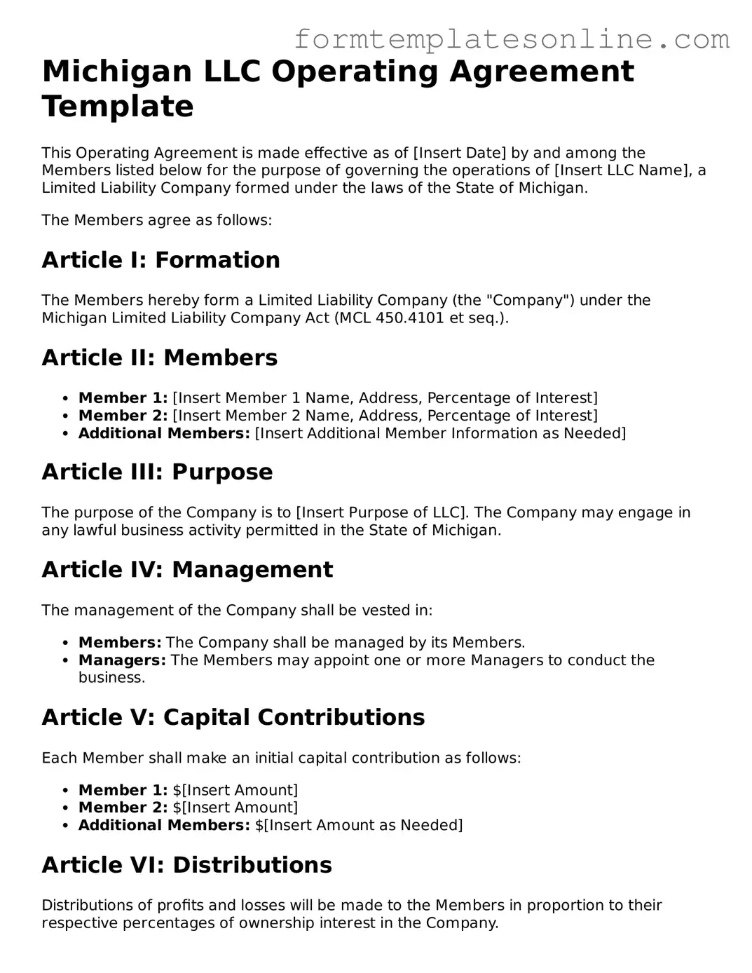 Valid  Operating Agreement Form for Michigan