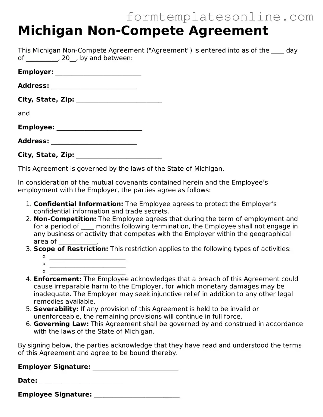 Valid  Non-compete Agreement Form for Michigan