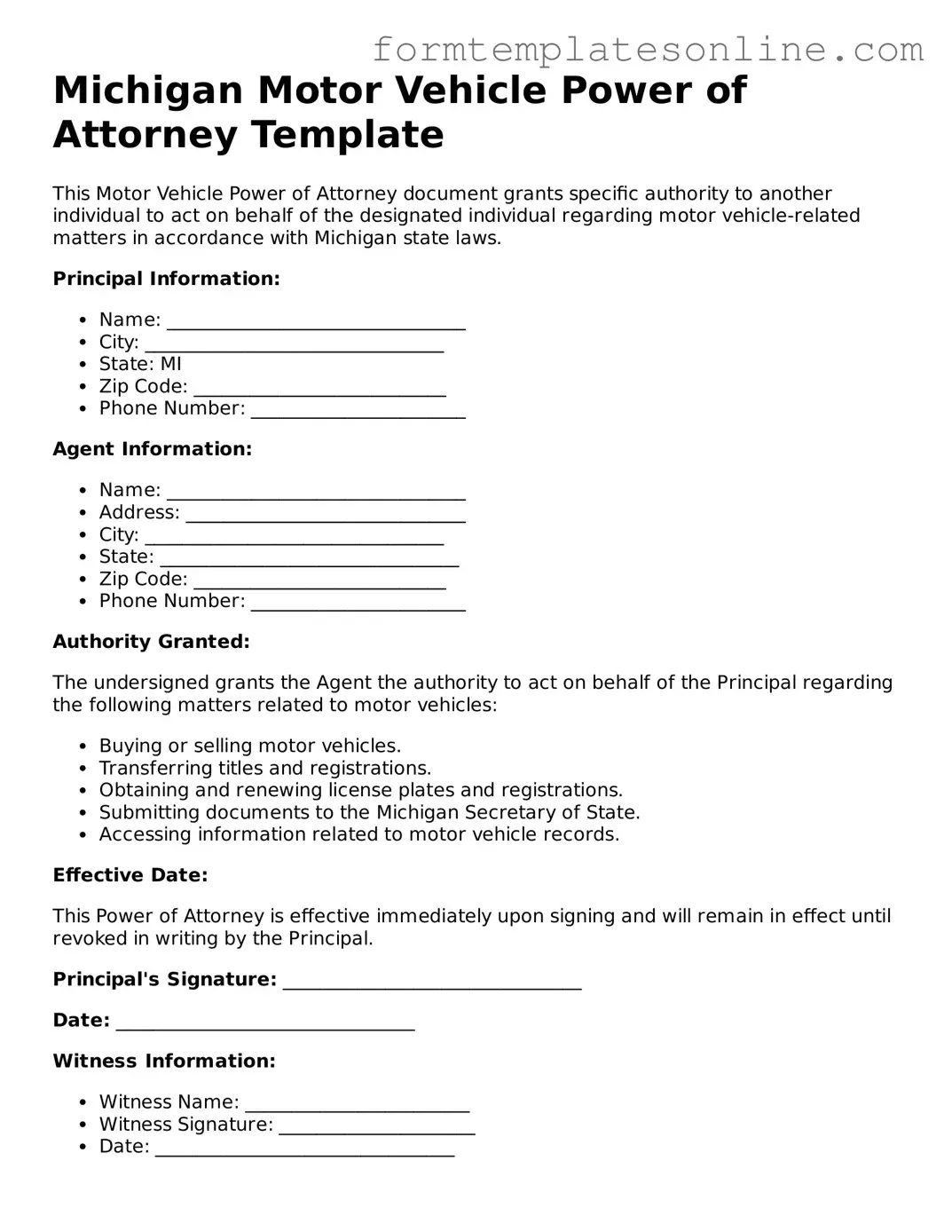 Valid  Motor Vehicle Power of Attorney Form for Michigan