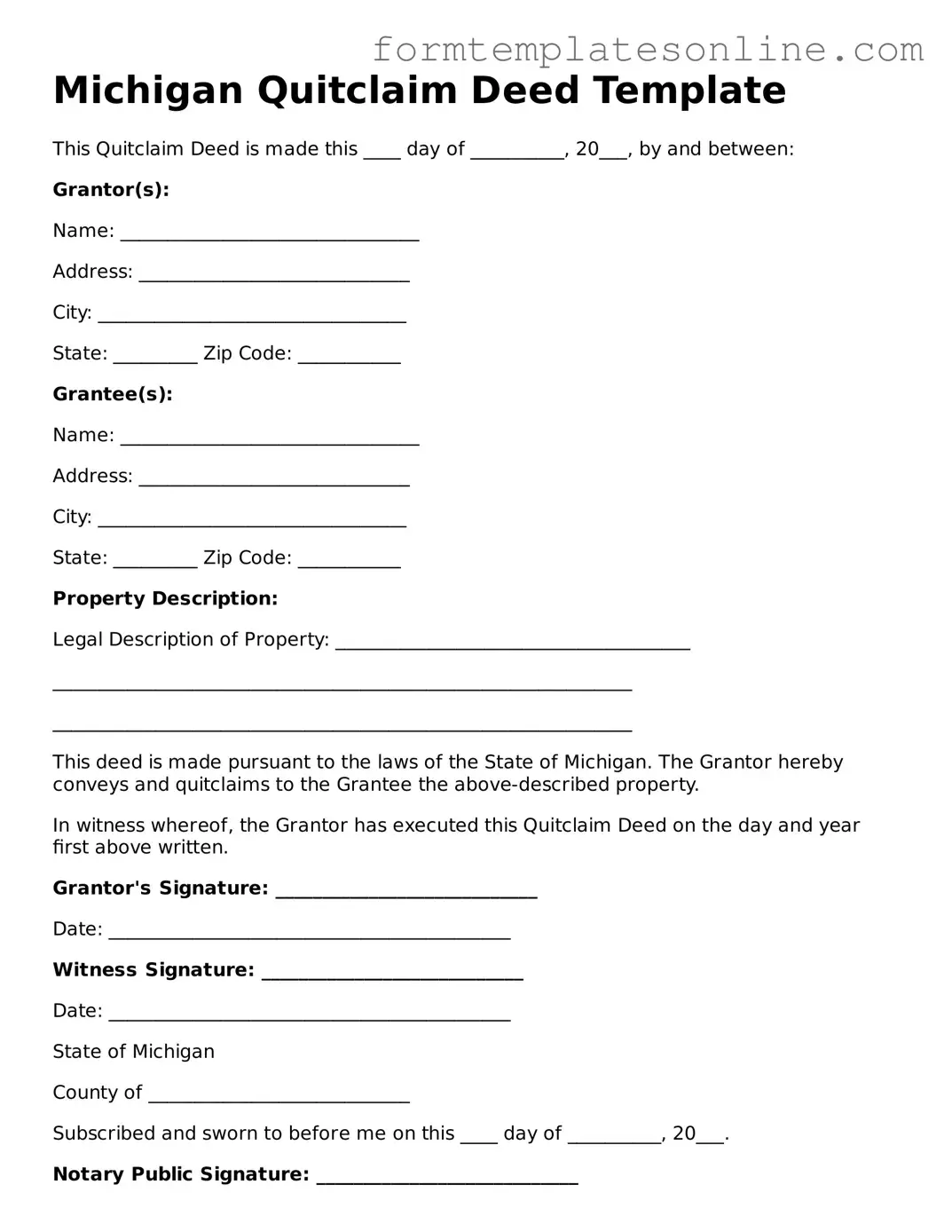 Valid  Quitclaim Deed Form for Michigan