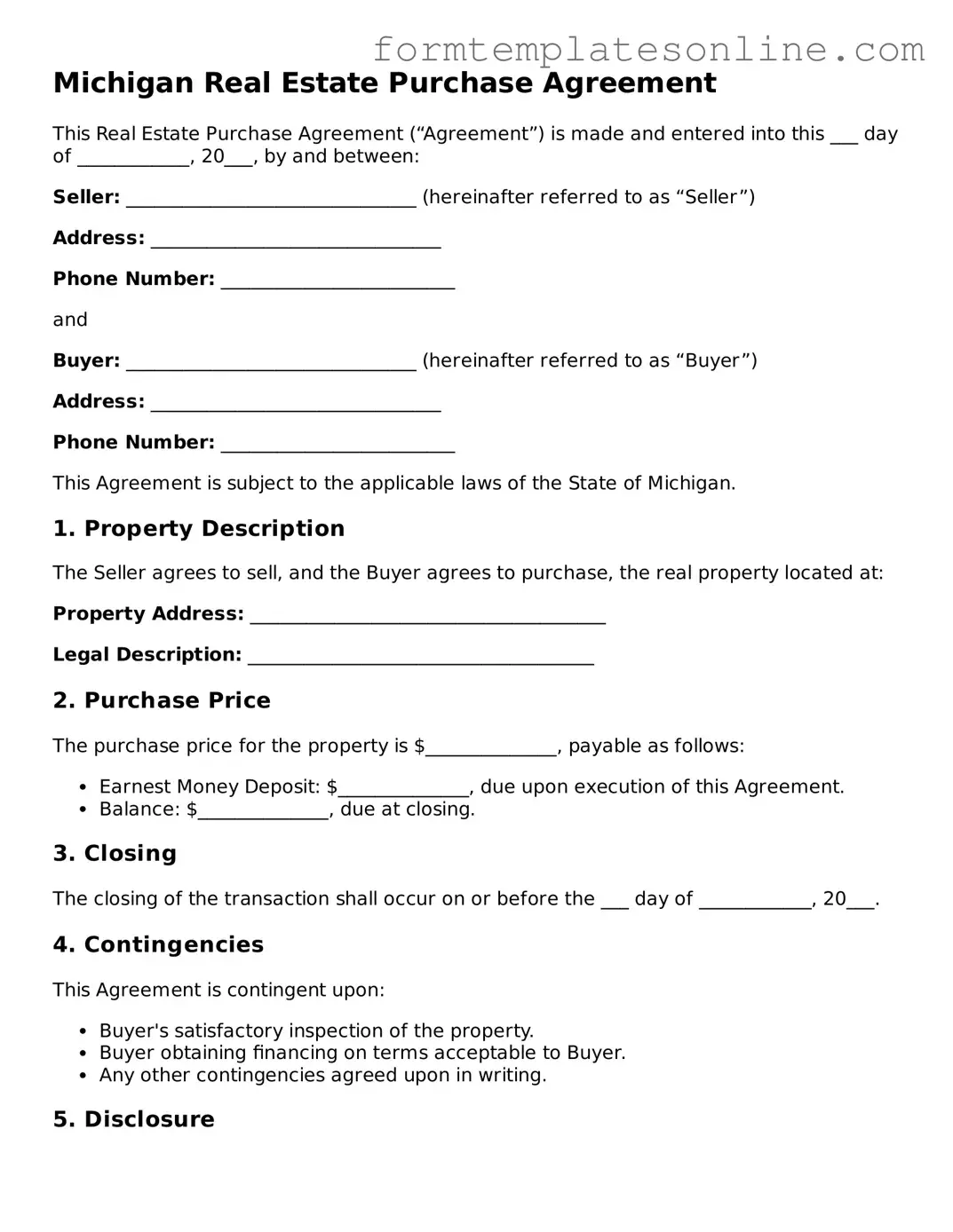Valid  Real Estate Purchase Agreement Form for Michigan