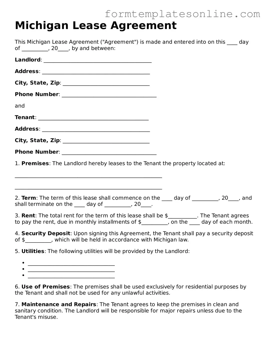Valid  Lease Agreement Form for Michigan