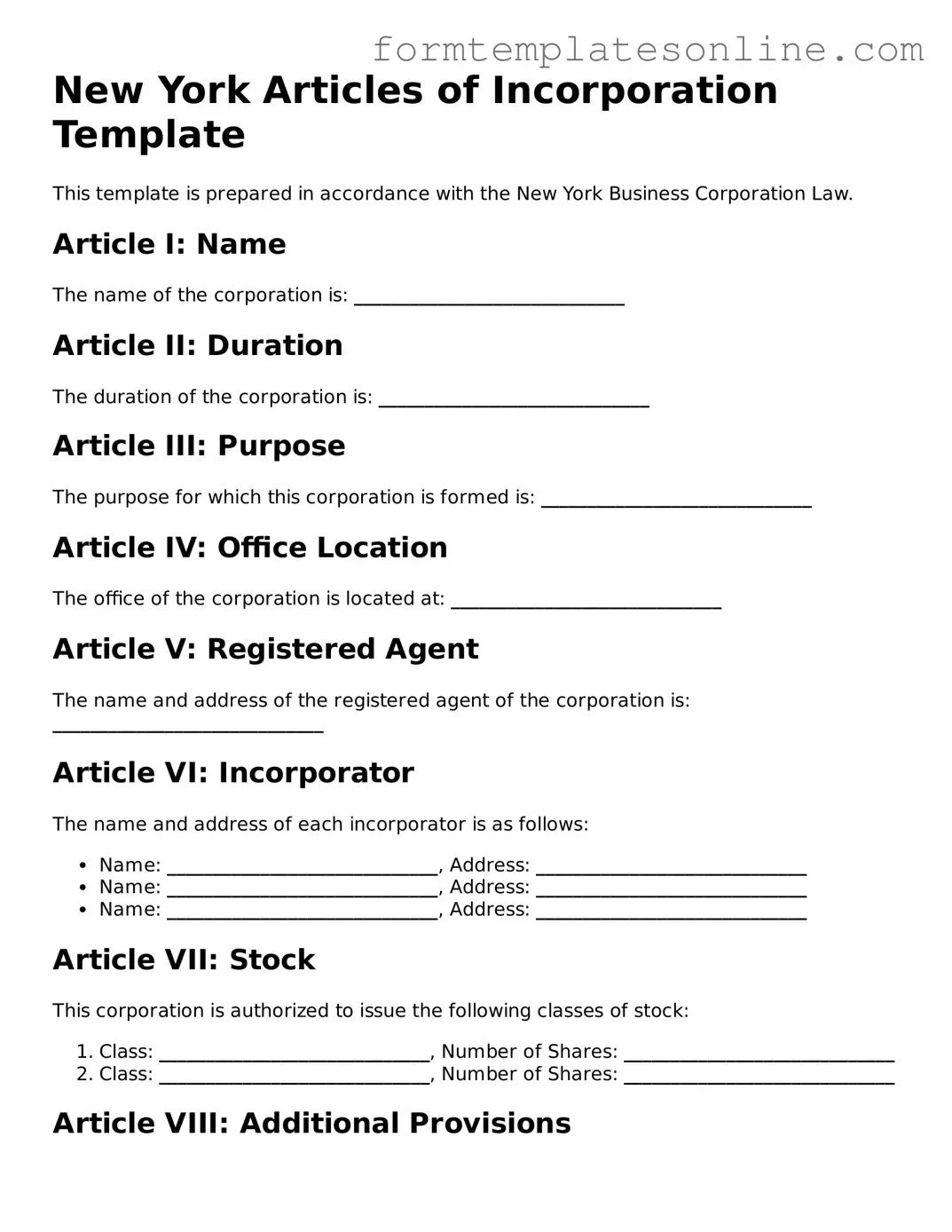 Valid  Articles of Incorporation Form for New York
