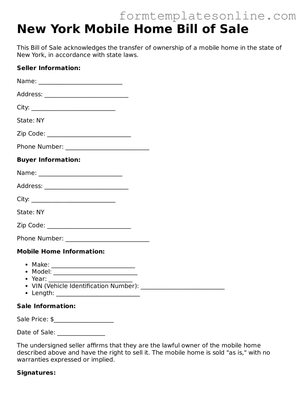 Valid  Mobile Home Bill of Sale Form for New York