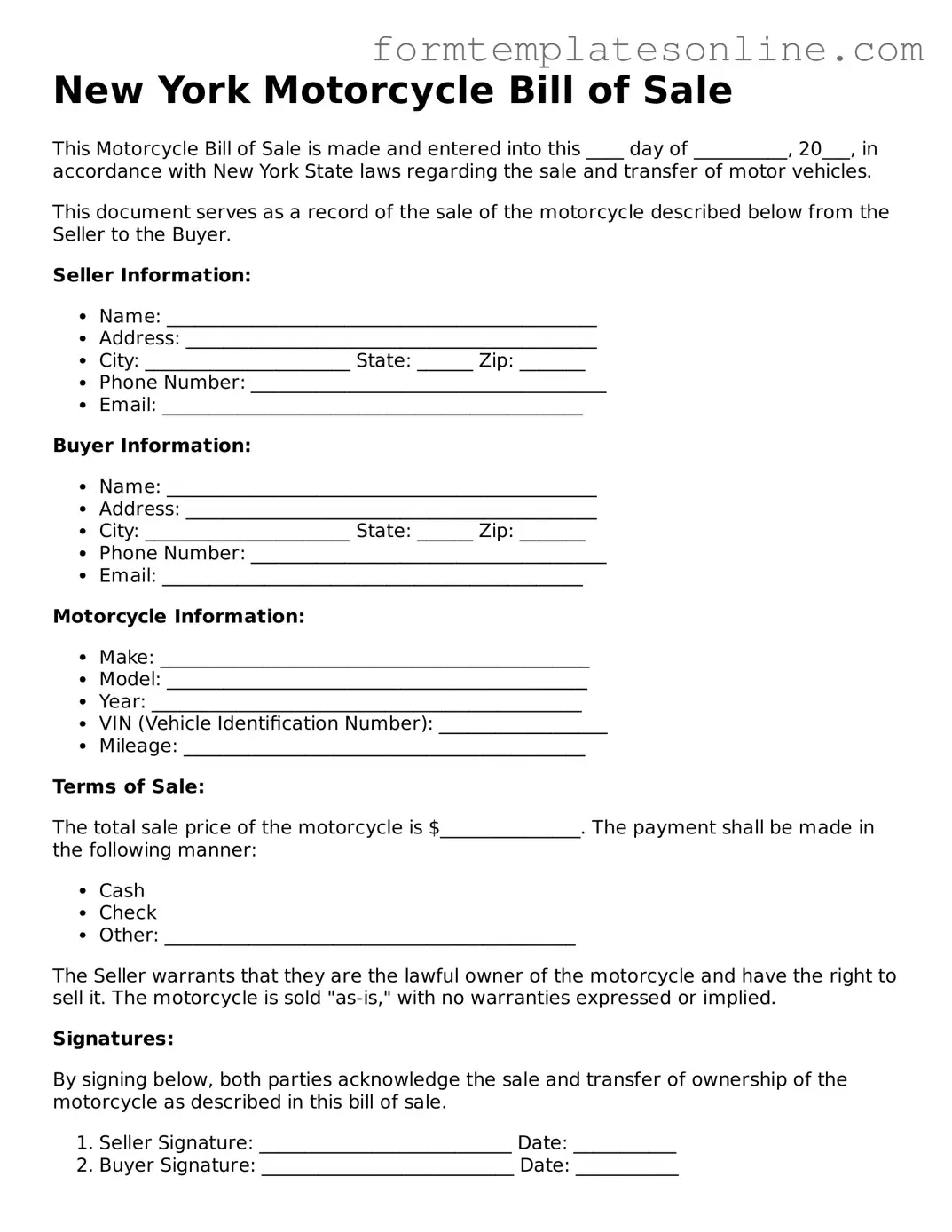 Valid  Motorcycle Bill of Sale Form for New York