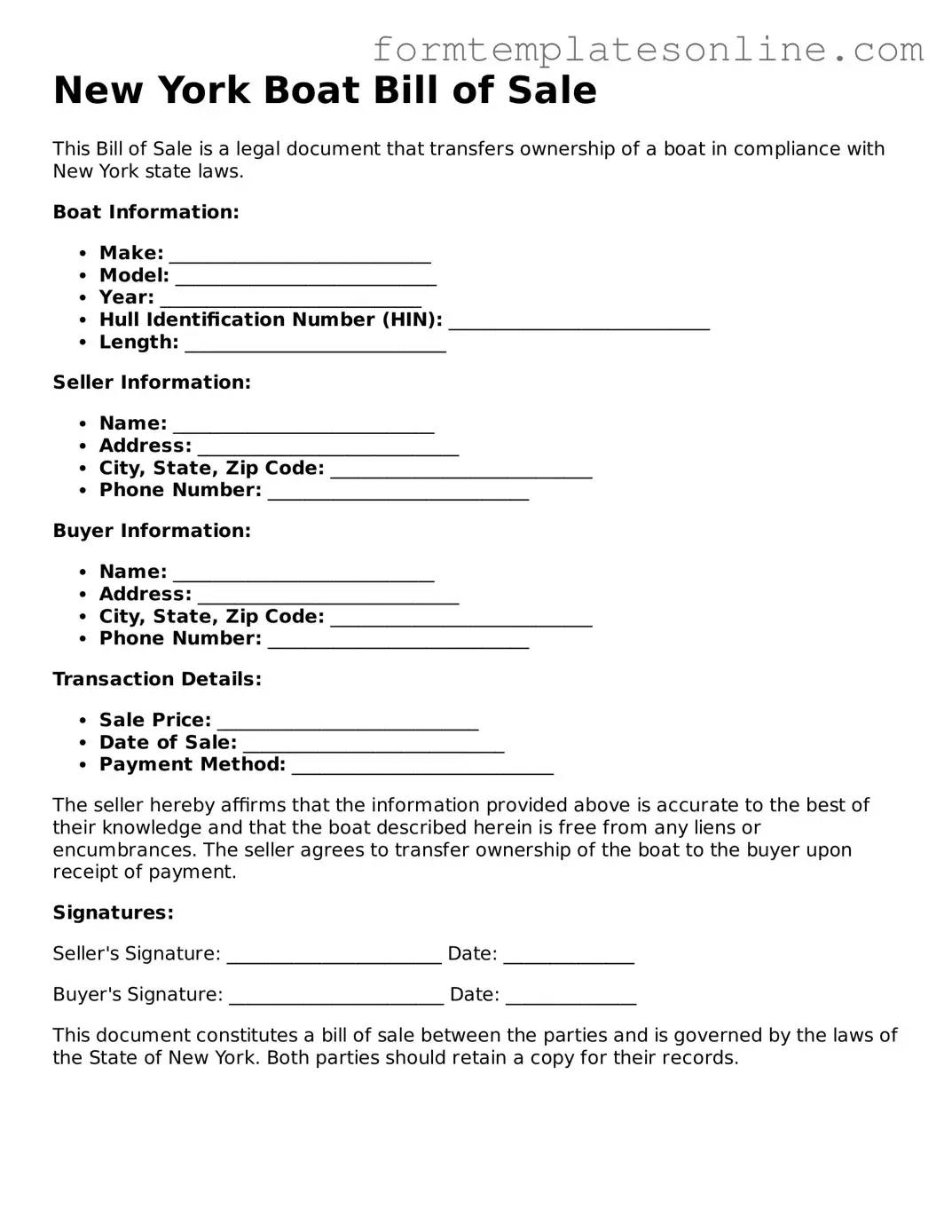 Valid  Boat Bill of Sale Form for New York