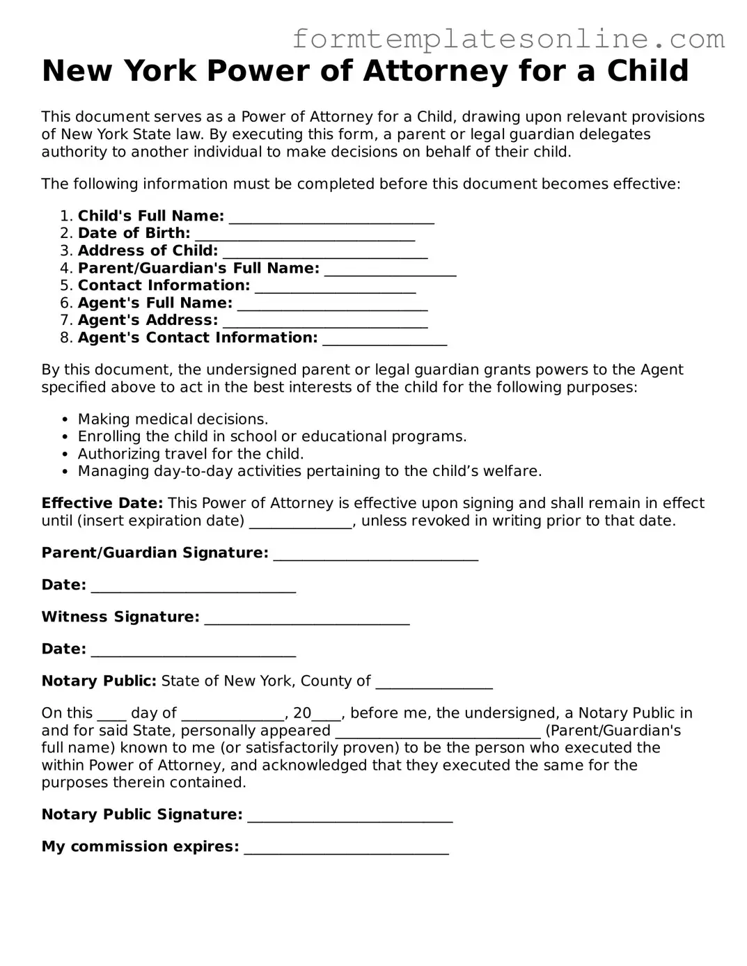 Valid  Power of Attorney for a Child Form for New York