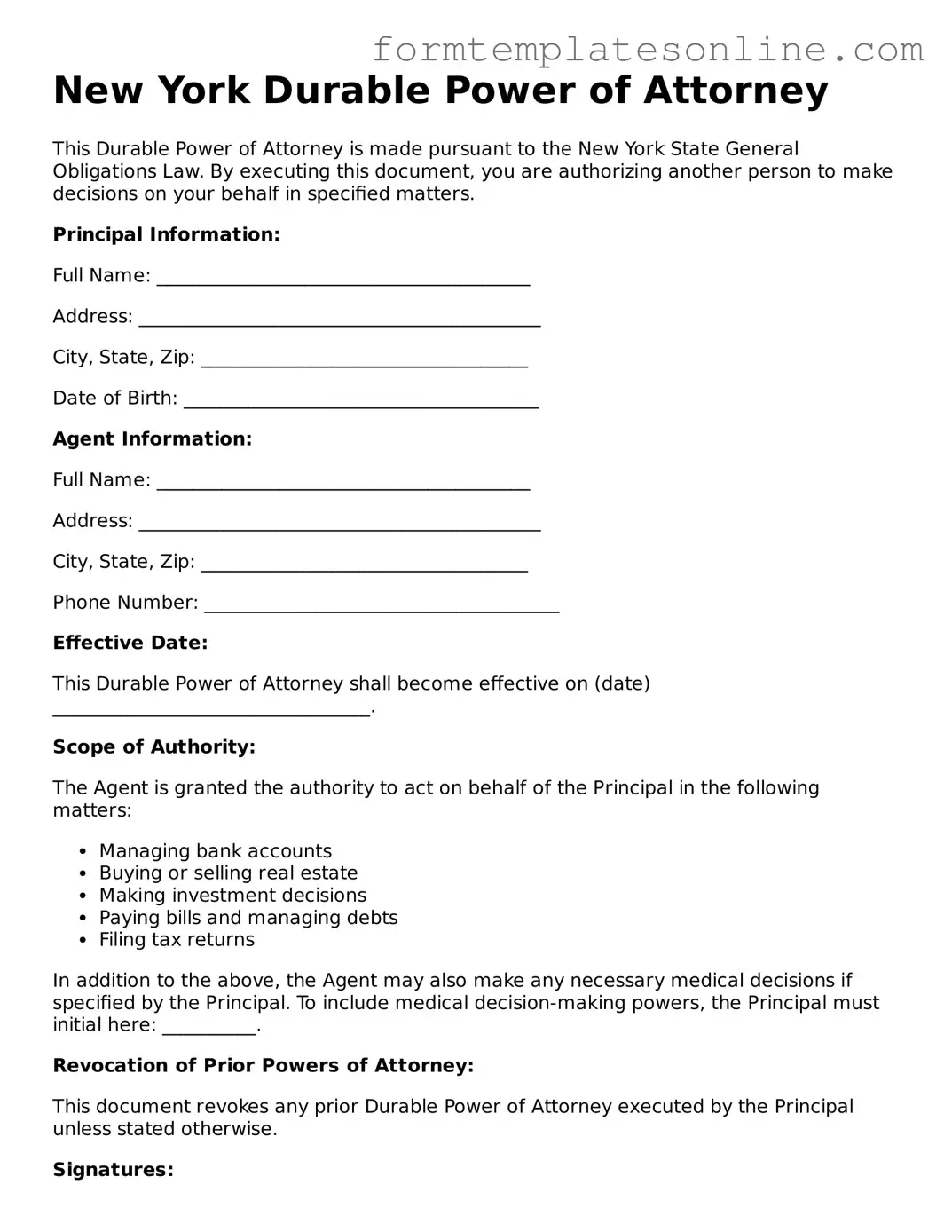 Valid  Durable Power of Attorney Form for New York